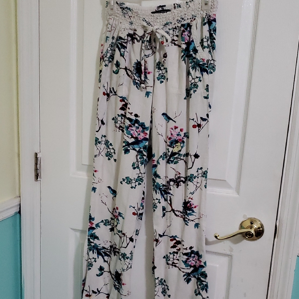 Beau Dawson Floral Birds Novelty Crochet Waistband Linen Blend Wide-Leg Pants M